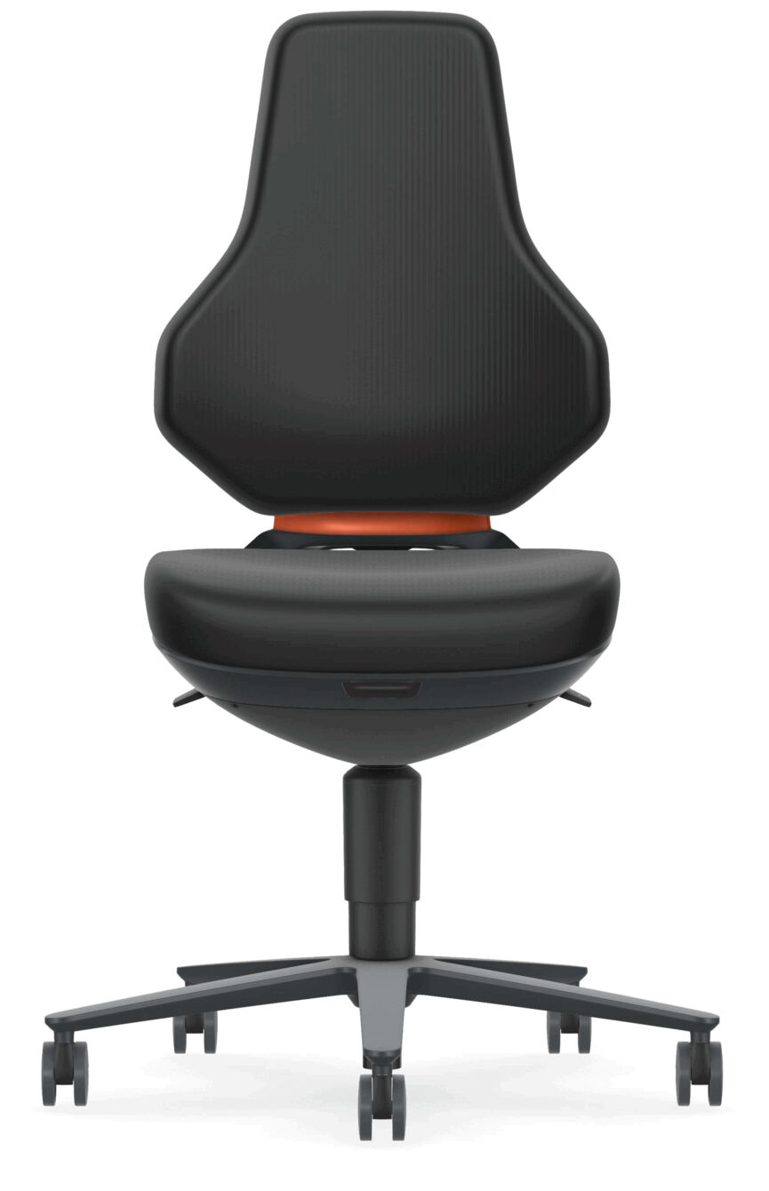 The office chair has a high, ergonomic backrest and a padded seat. It is in black and sits on a five-star base with casters, providing mobility.