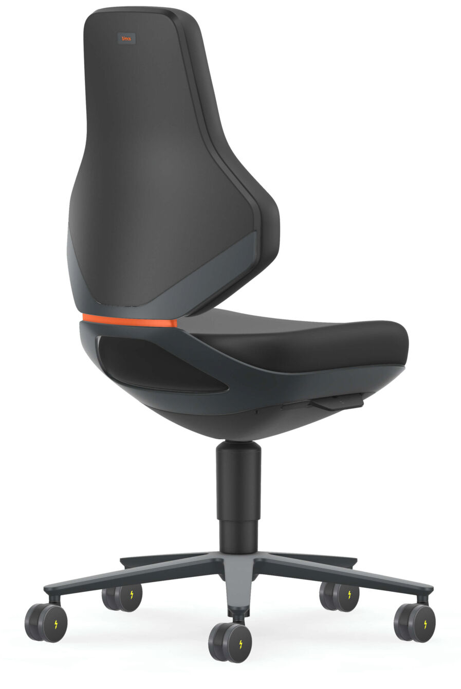 The chair features an ergonomic backrest in black with a sleek, modern design. It stands on a five-spoke base with casters that allow for mobility.