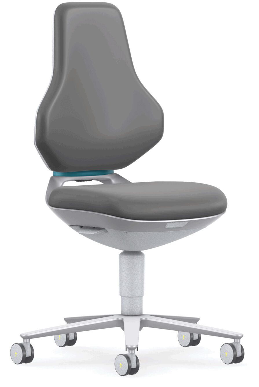 The chair has an ergonomic, gray backrest with a curved shape. The seat is also gray and lightly padded. The chair stands on a silver, rotating base with casters.