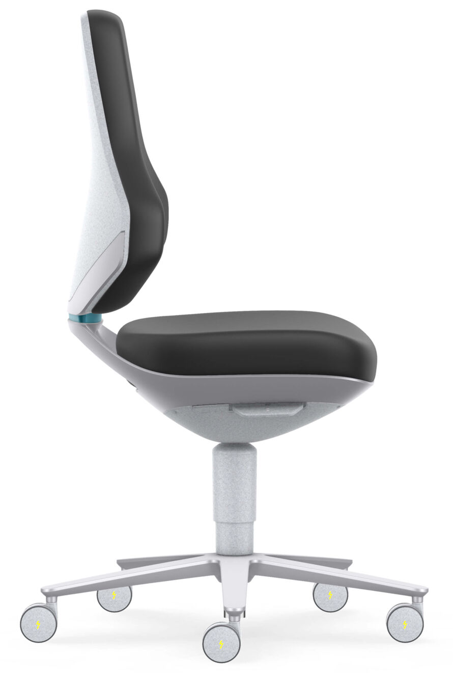 The office chair has an ergonomic shape with a tall, gray backrest and a black seat. It stands on five casters and has an adjustable height.