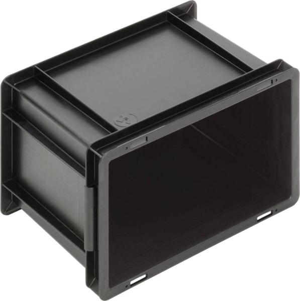 The image shows a rectangular black plastic box. It has open sides and a flat top. The interior is empty, and the walls are sturdy and smooth.