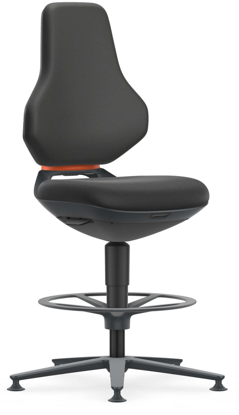 The image shows a black upholstered office chair with a high back, a round footrest, and adjustable height. The design is modern and functional.