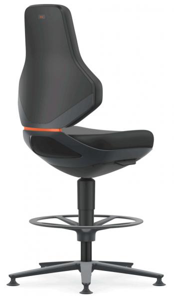 The image shows a modern office chair in black with a high backrest. It has a round footrest and a central pillar. An orange accent is visible on the side.