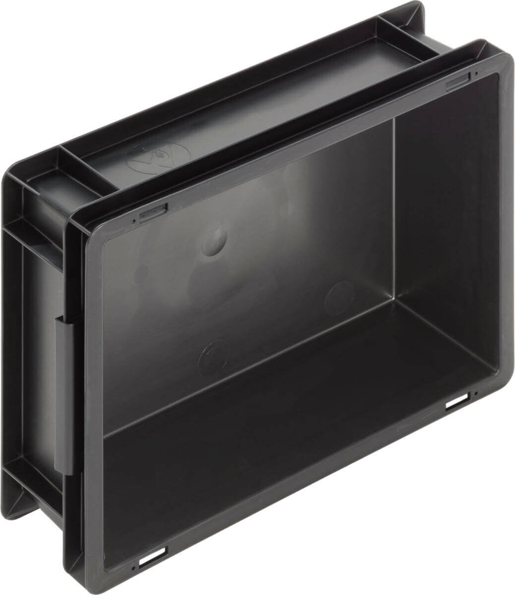 The image shows a rectangular, box-shaped plastic container in black. It has a smooth surface, no lids, and is hollow inside. The walls are sturdy and slightly reinforced.