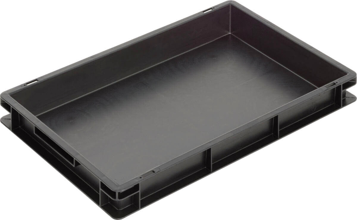 The image shows a rectangular, flat box made of black plastic. It has high walls and a smooth surface, ideal for storing items. The corners are rounded.