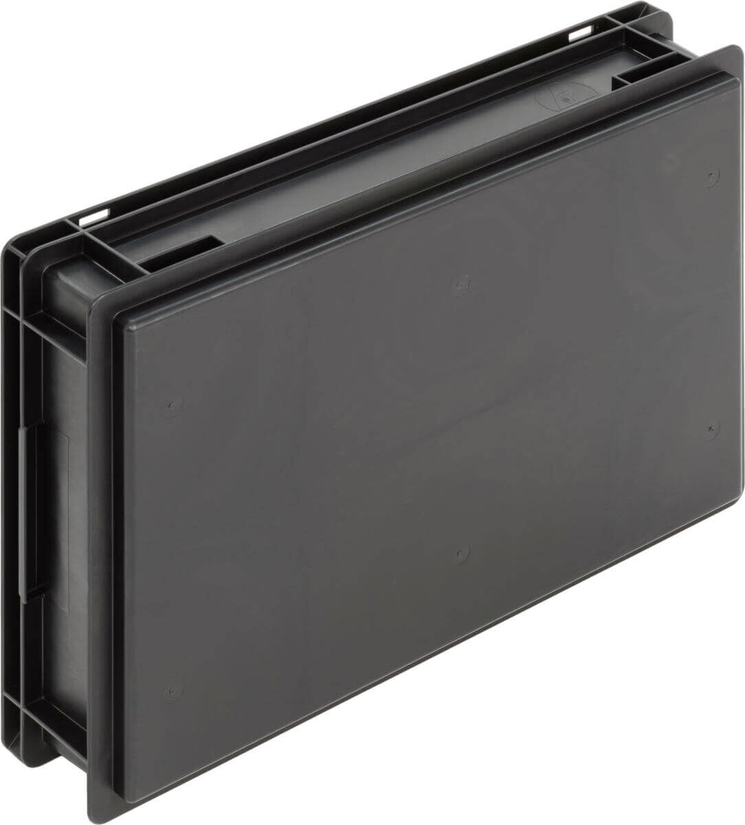 The image shows a rectangular, black plastic box with smooth surfaces and slightly rounded edges. It has a simple, practical look and can be stacked or stored away.