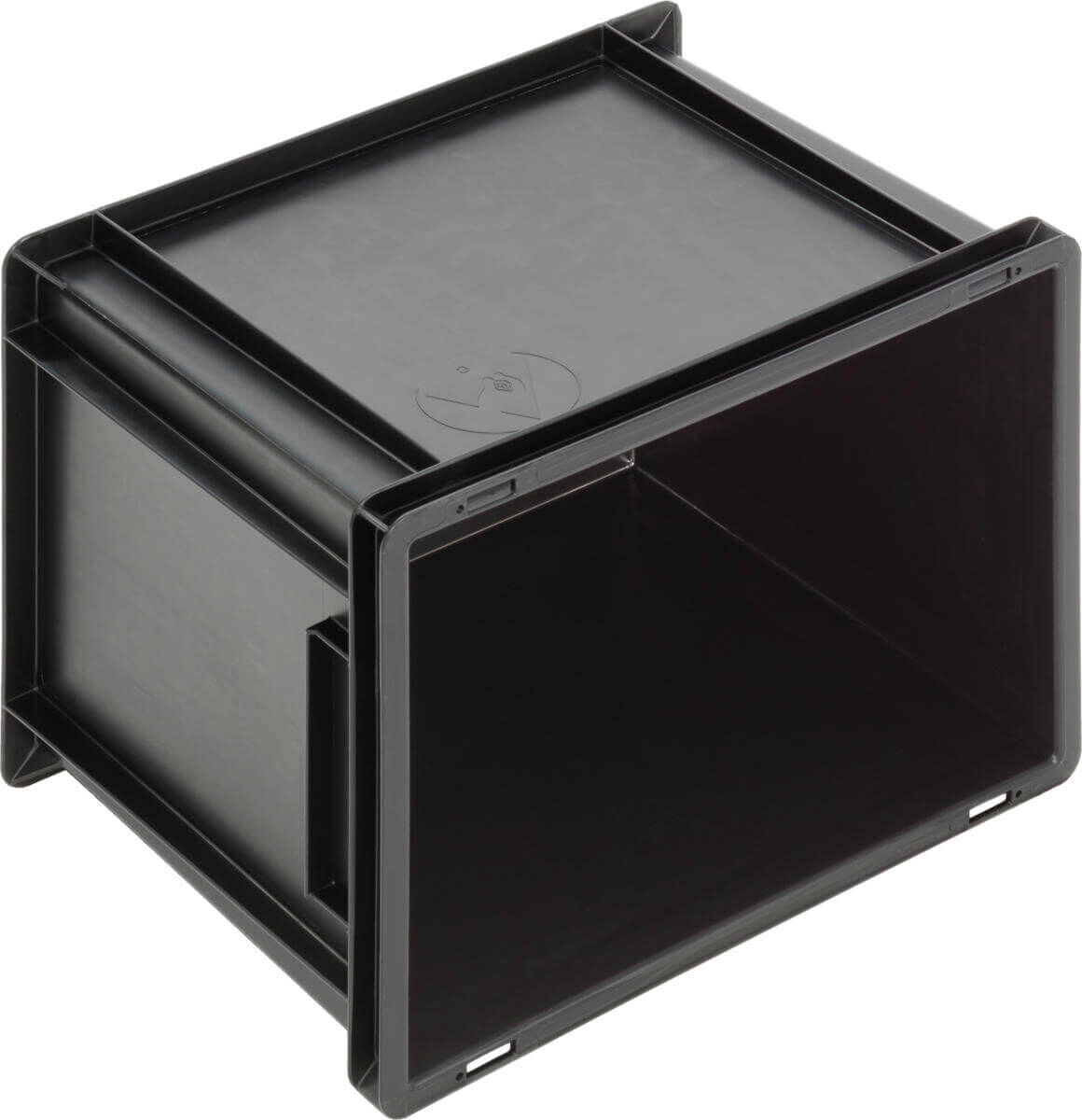 It is a black, rectangular plastic box without a lid. The front side is open, and there is a small slot on one side. The box has a smooth surface.