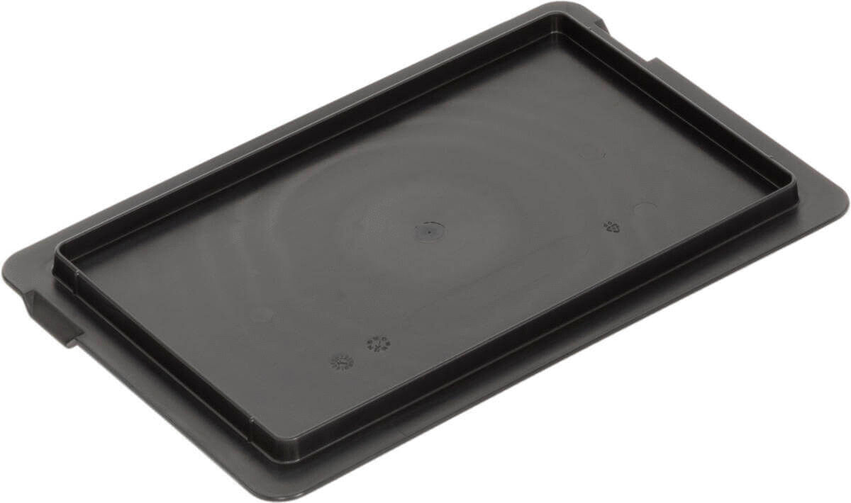 The image displays a rectangular, flat, black plastic tray. The edges are slightly raised, and there are no decorative elements. It appears functional and simple.