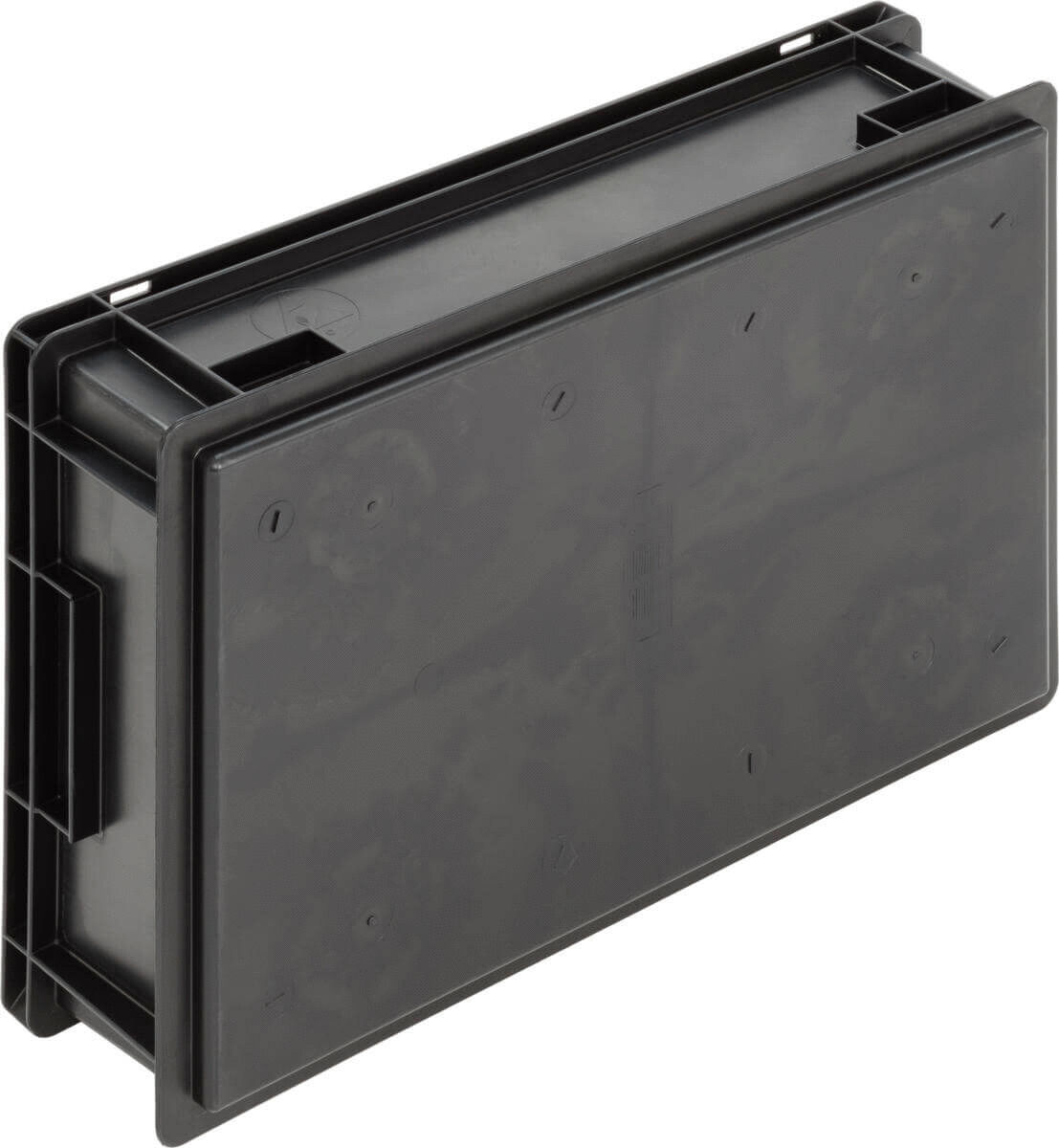 The image shows a black, rectangular plastic box. It has smooth surfaces, rounded corners, and appropriate openings on the sides, probably for handling or attachment.