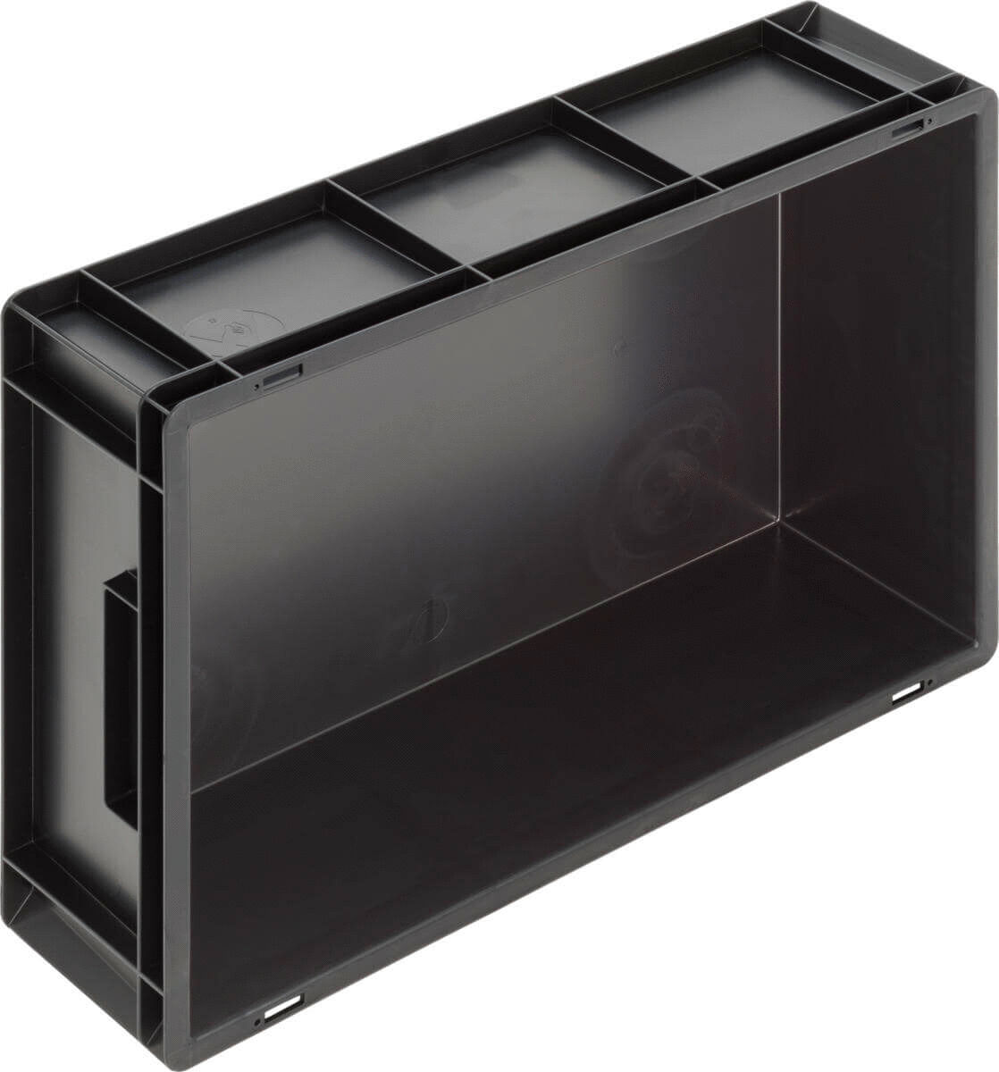 The image displays a rectangular, black plastic box without a lid. It has a smooth interior surface and grip holes on the sides for easier carrying. At the top, there are three small, rectangular compartments.