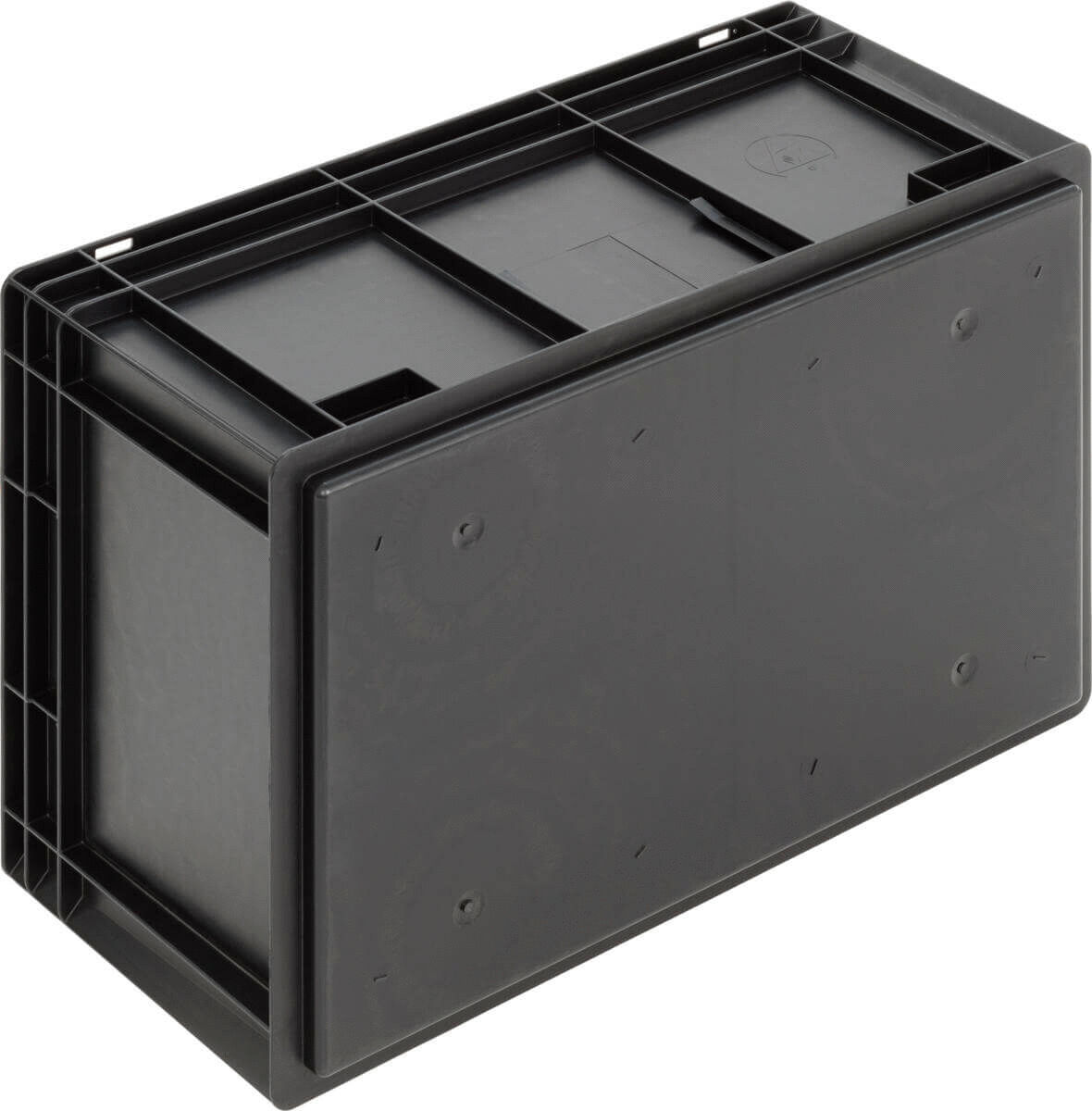 The image shows a black, rectangular plastic box with a sturdy, grooved lid. The box has a flat bottom and edges for better handling.