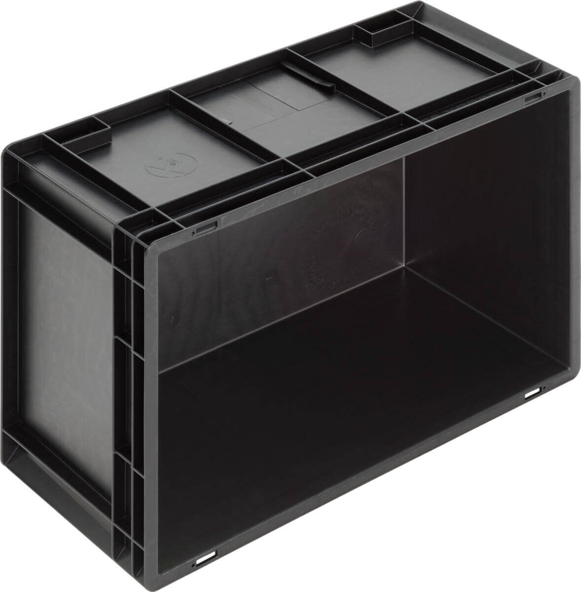 The image shows a rectangular, black plastic box without a lid. It has a smooth surface, straight edges, and is hollow inside, yet provides stability. Ideal for storage.