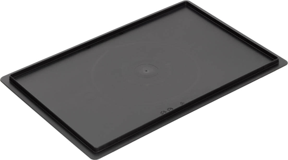 The image displays a rectangular, black plastic container. It has slightly raised edges and a smooth surface with a central point. No additional patterns or embellishments are visible.