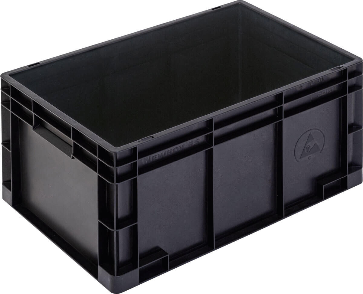 The image displays a black, rectangular plastic box with an open top. It has two side handles and a sturdy structure, ideal for storing or transporting items.