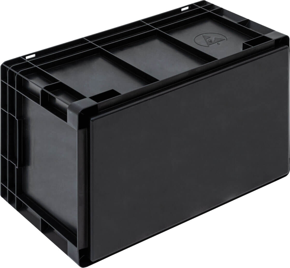 The image shows a rectangular, black plastic box with a sturdy frame. It has a smooth surface and is stackable. The edges are clearly defined. Ideal for storage.