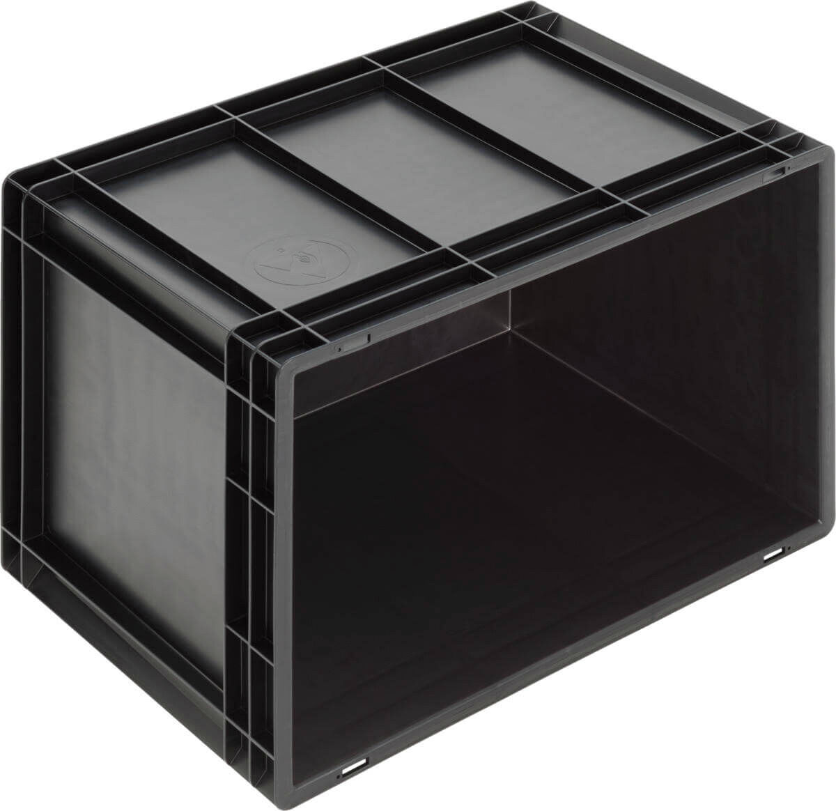 The image shows a black, rectangular plastic crate. It is open, has sturdy walls and a textured bottom. Ideal for transporting or storing items.