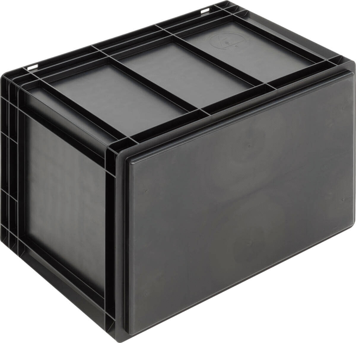 The image shows a black plastic box with a rectangular body. It has a sturdy structure, ribbed sides, and a flat lid. The surface is smooth and shiny.