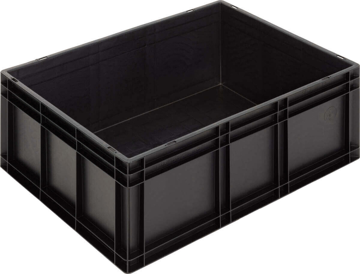 The image displays a rectangular, black plastic box. It has smooth walls and an open top edge. The box is sturdy and suitable for storing items.