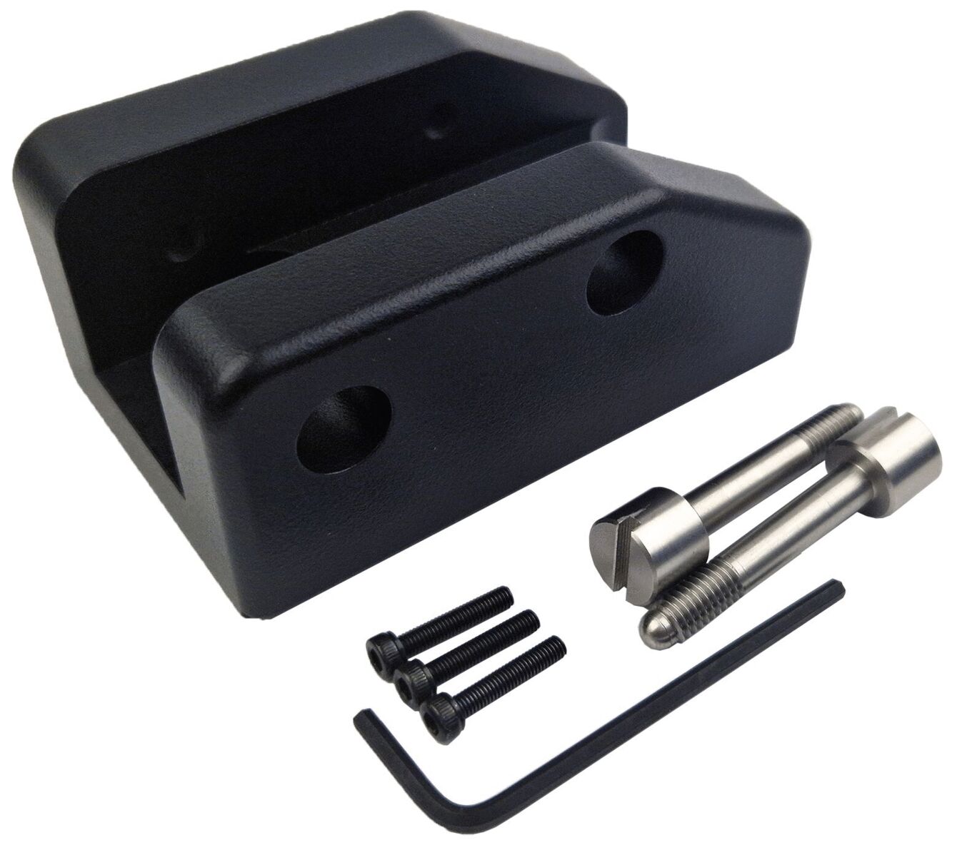 The image shows a black, rectangular metal part with two holes. Next to it are some screws, bolts, and a metal hex key.