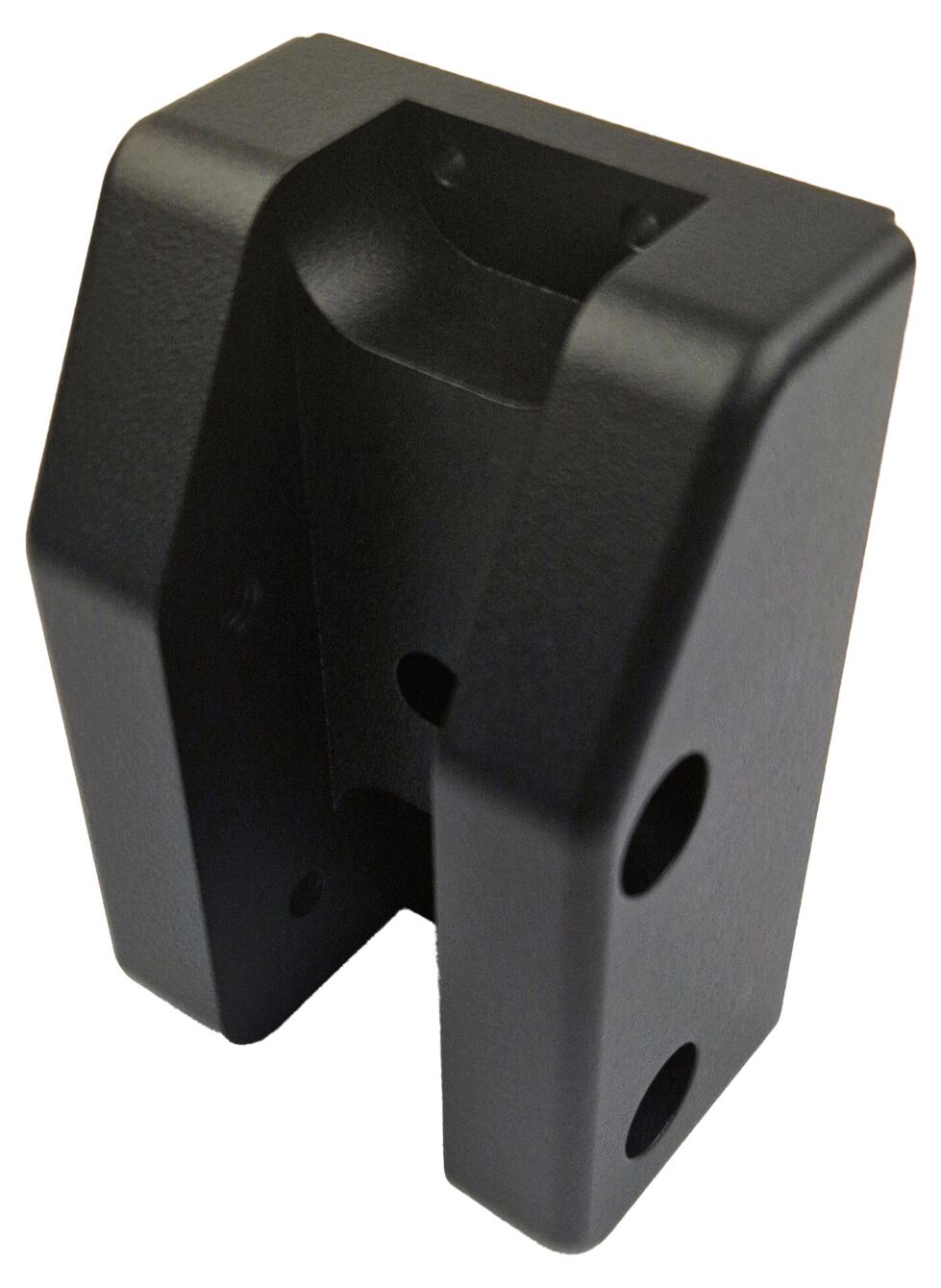 The image shows a black holder in rectangular shape with rounded edges. It has two holes for mounting. The surface is smooth and matte, giving it a modern appearance.