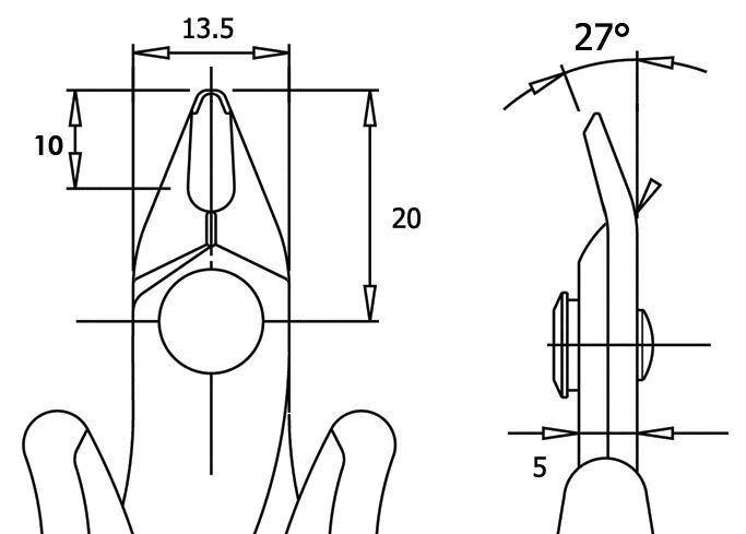 The image displays technical drawings of a tool. It includes top and side views with dimensions: width 13.5 mm, height 20 mm, and an angle of 27°.