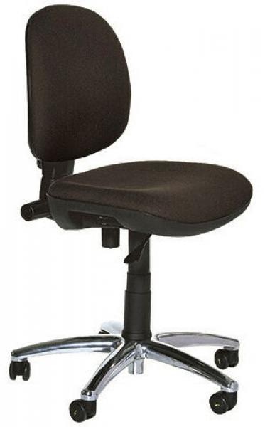 The chair has a round, padded seat and a high backrest. It is black and on a five-spoked, chrome-plated base with casters. The backrest is slightly curved.