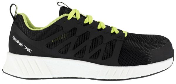 The shoe is a sporty, lightweight sneaker in black with yellow laces. The sole is white and slightly elevated, featuring a modern, breathable upper.