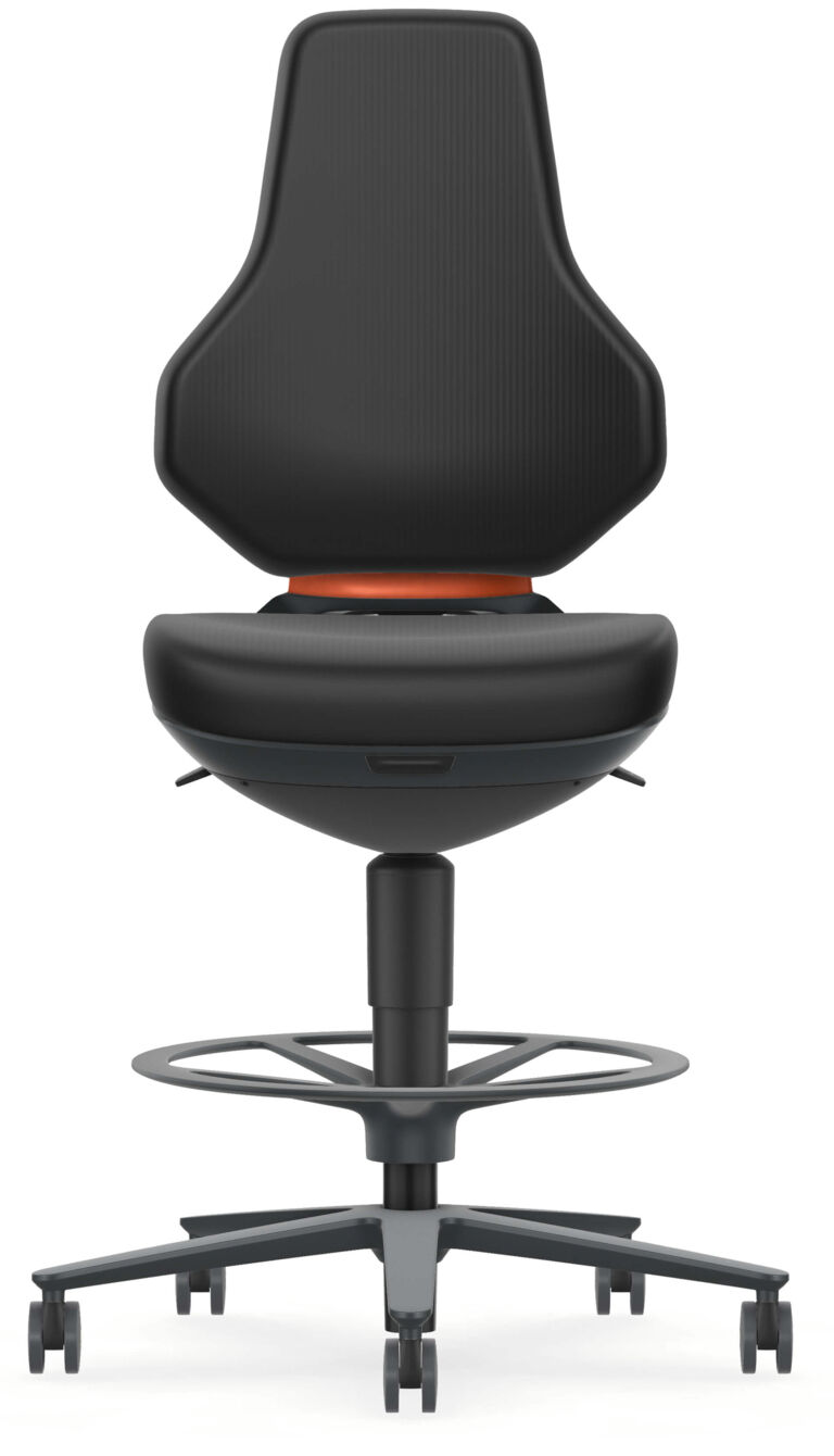 The image shows a black office chair with a high backrest. The seat is padded and has a round footrest. The chair is mounted on five casters.