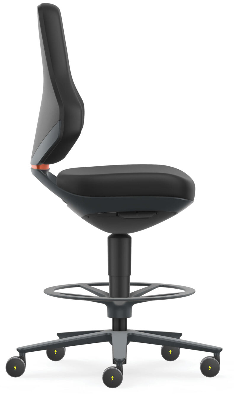 The image shows a modern office chair in black. It features an ergonomic backrest, a wide seat, and is mounted on a swivel base with five casters. A foot ring is present.