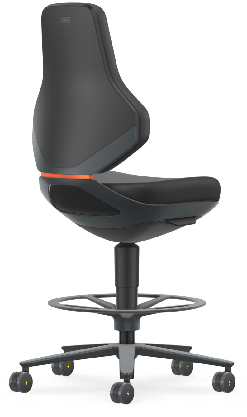 The office chair has a high backrest and a padded seat. It stands on a swivel base with five casters. A footrest is also included. The colors are primarily black with orange accents.