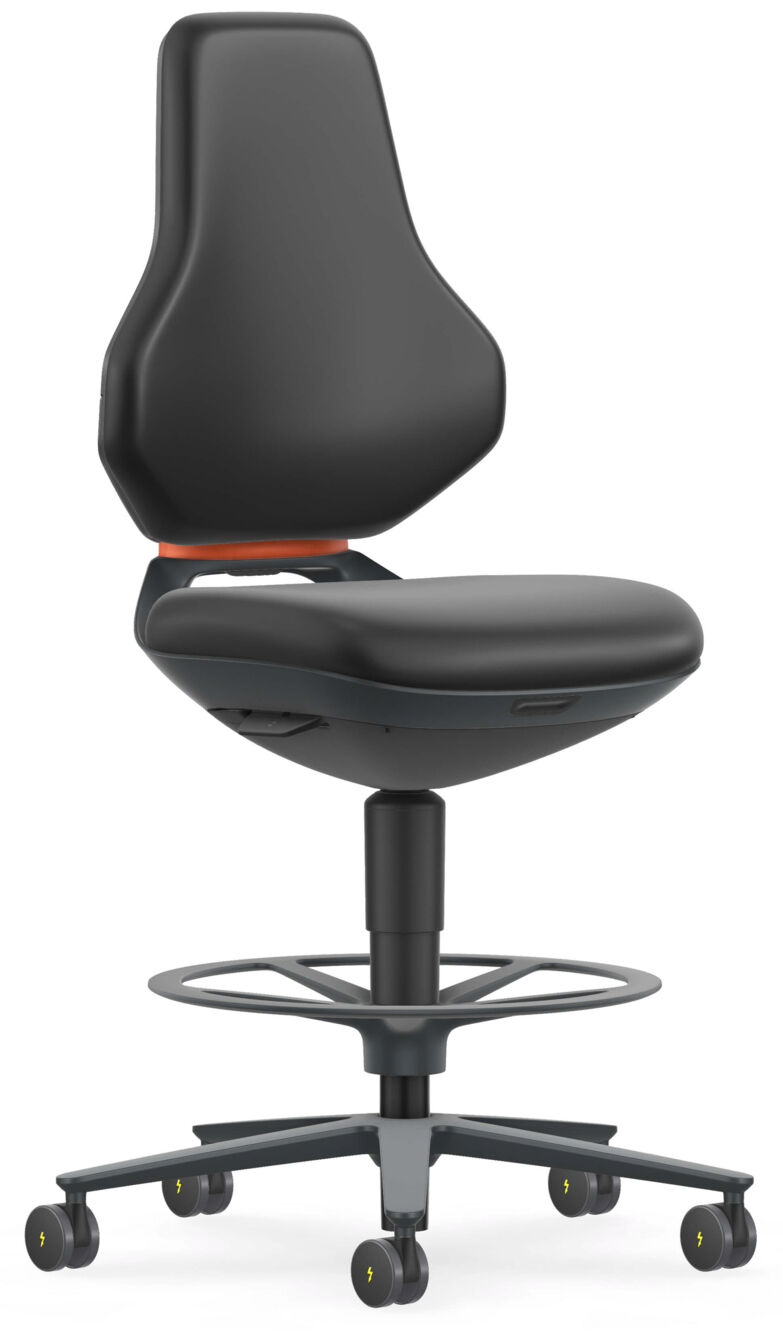 The chair has a high, ergonomic back and a wide, padded seat. It stands on a swivel base with casters and a sturdy footrest. Color: Black.