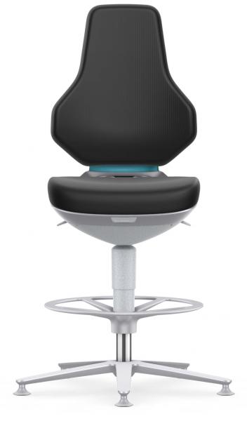 The chair has a high, curved backrest and a padded seat in black. The base is silver-colored with a round foot and a foot ring for support.