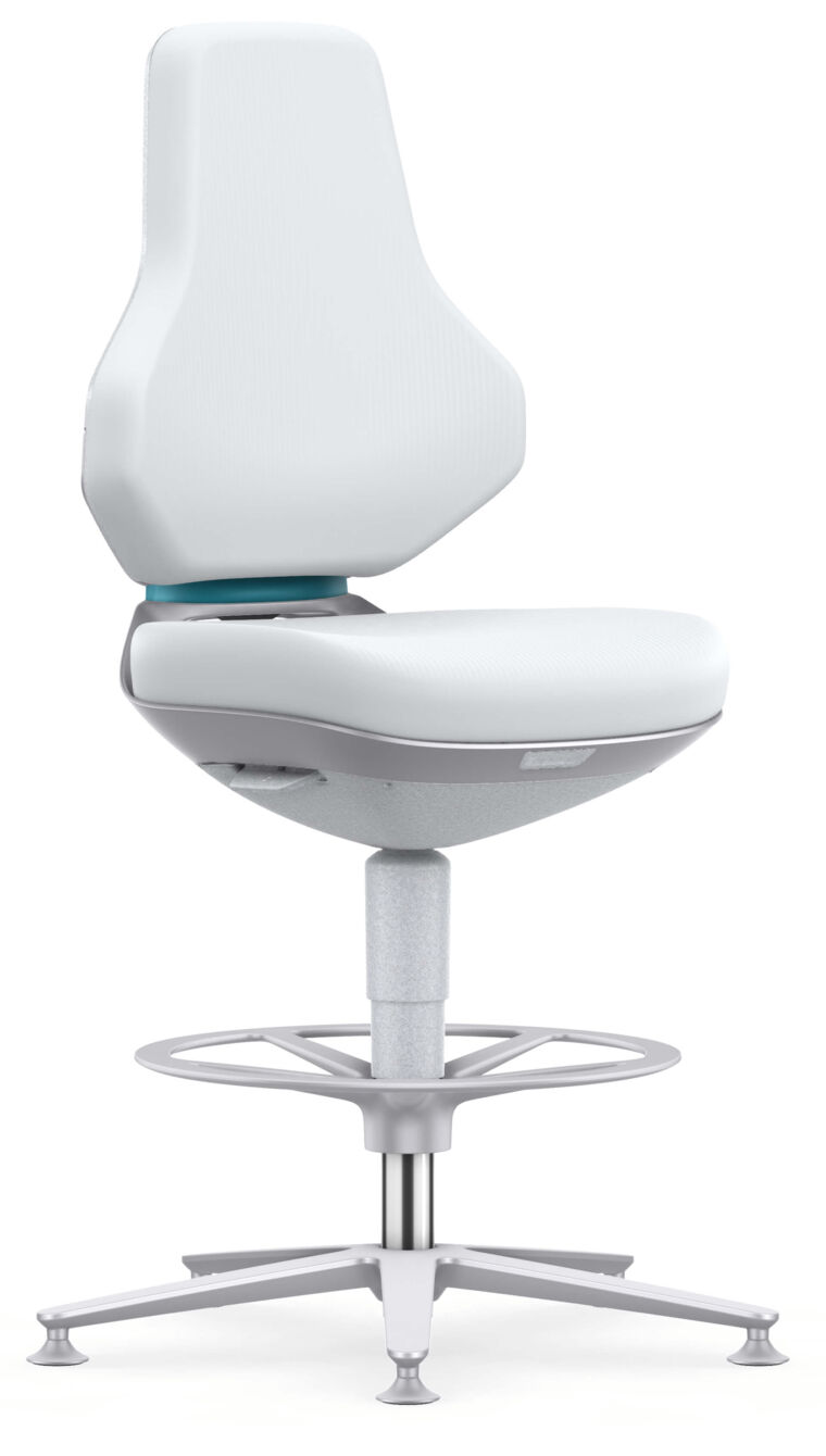 The chair has a tall, plain backrest and a wide seat in white. It stands on a sturdy, chrome-plated base with a circular foot ring. The shape is modern and ergonomic.