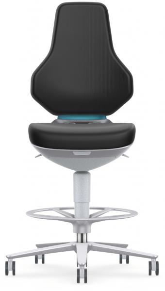 The chair has a black, ergonomic seat and a high, rounded backrest. It stands on a silver base with five casters and a circular footrest.