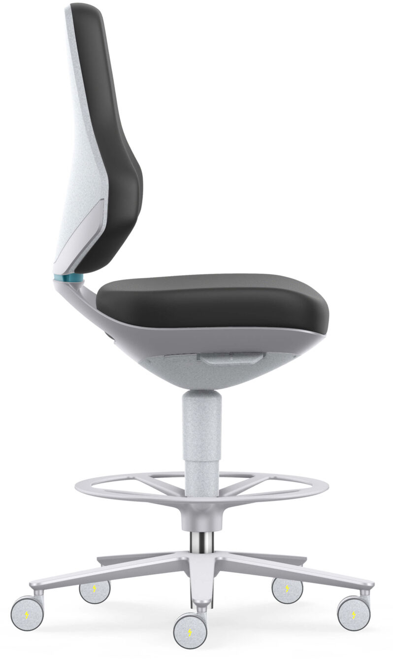 The image shows a modern office chair in a side view. It has a tall, ergonomic backrest, a black seat, and is mounted on a chromed base with casters.