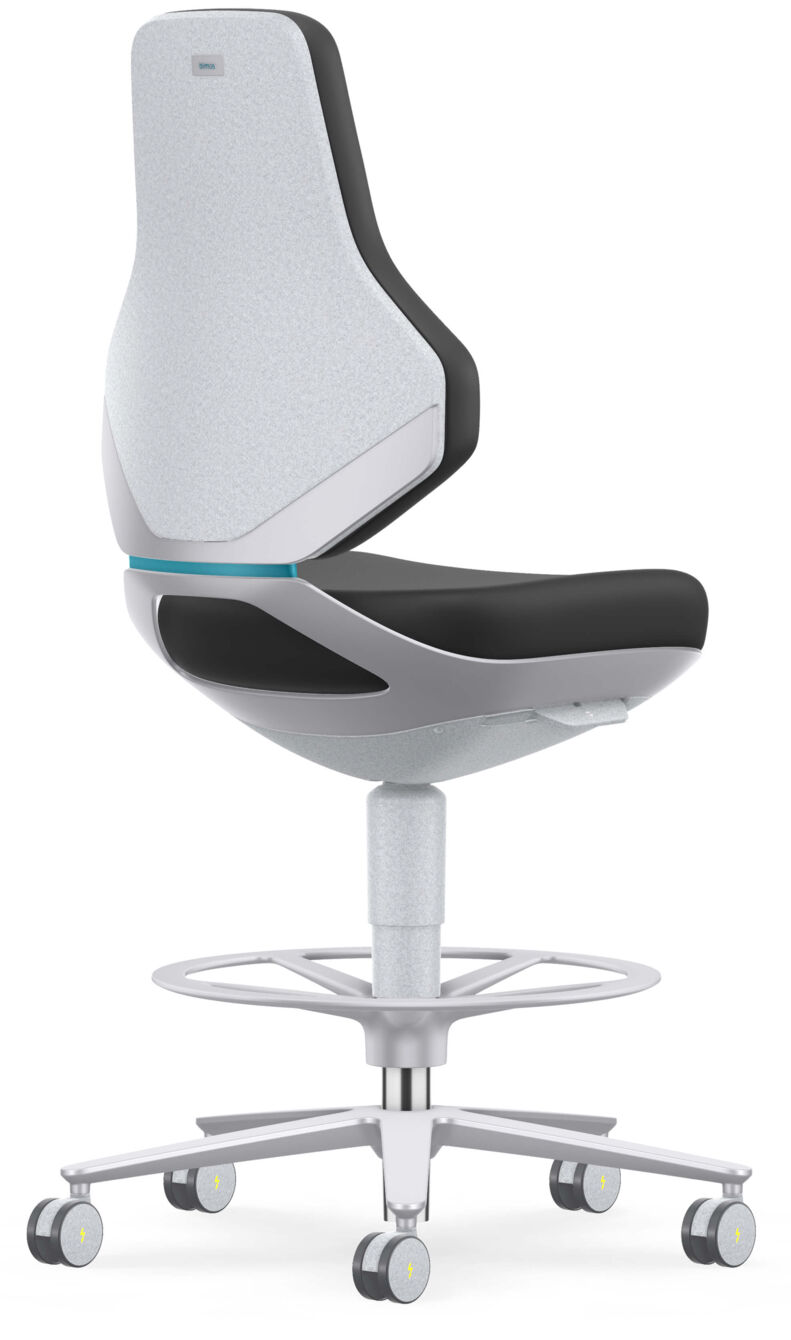 The chair has a high backrest with a bright, textured surface and a black seat. It stands on a five-spoke base with casters and a round footrest.