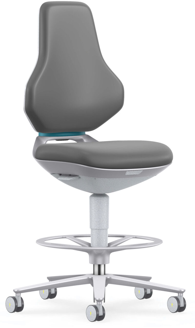 The image shows a modern office chair with a high back. It has a gray seat, an ergonomically shaped backrest, and a swivel base with casters. The foot ring is made of silver metal.