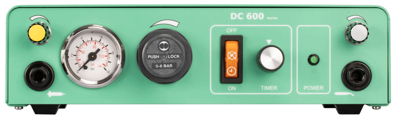 The image displays a green device with various controls: pressure gauge on the left side, a black rotary knob in the center, switches for timer and power on the right side.