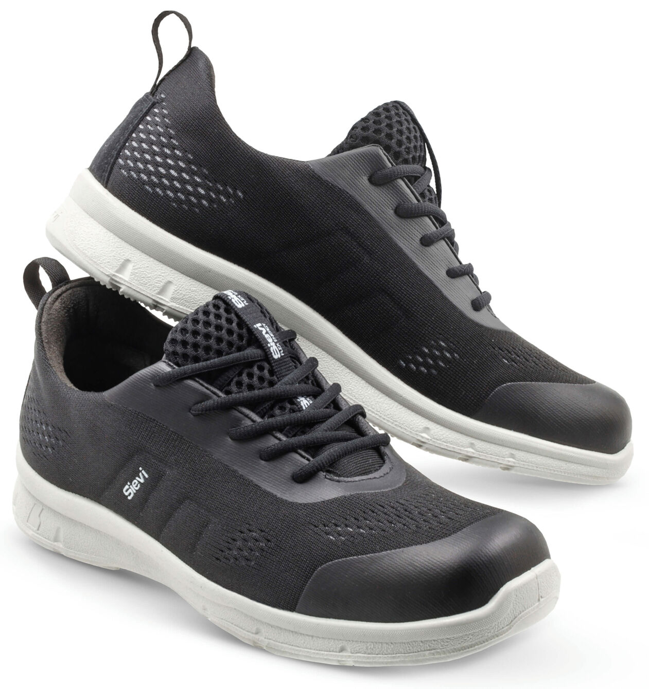 The image shows two black sports shoes. They have a breathable structure, a gray sole, and laces. The shoe has a modern, sporty look.