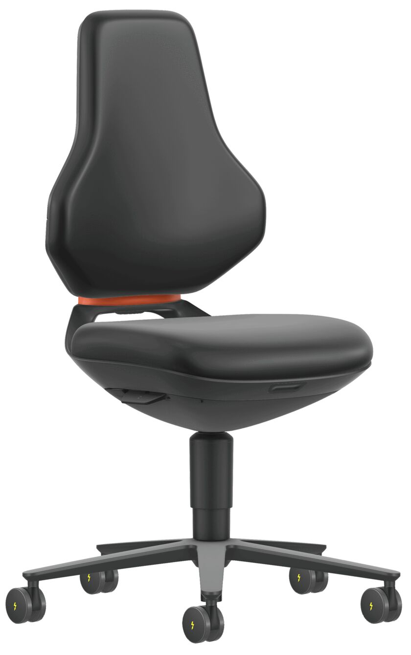 The chair is ergonomically shaped with a high backrest. It has black upholstery and a swivel base with wheels. An orange accent line is visible.