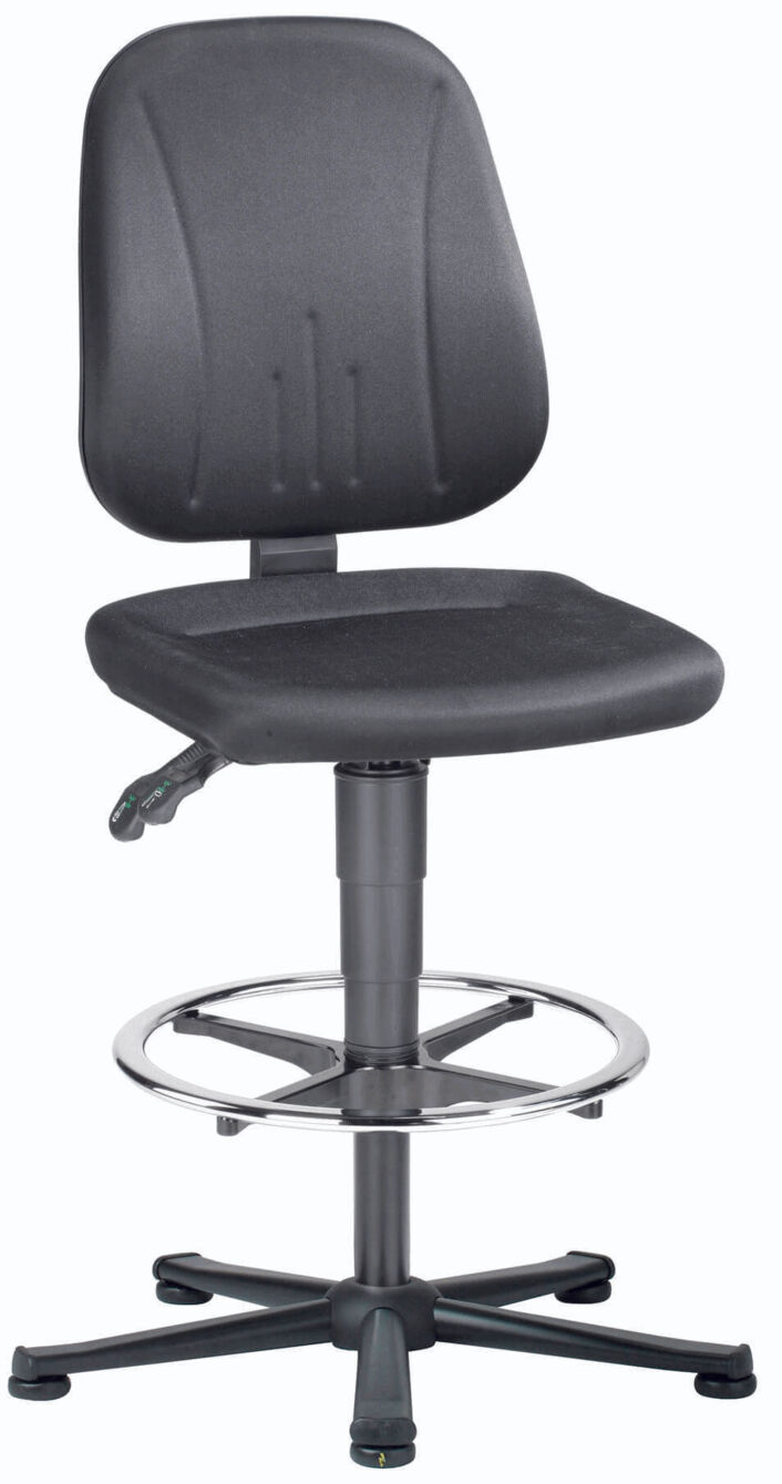 This is a black, height-adjustable office chair with a padded seat and backrest. The chair stands on five wheel-less legs and has a round footrest.