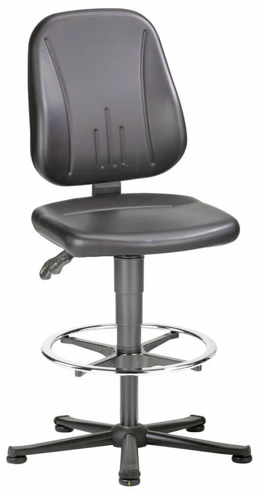 The image shows a black bar stool with a padded seat and backrest. It has an adjustable height and a round metal footrest. The stool is mounted on a stable base with casters.