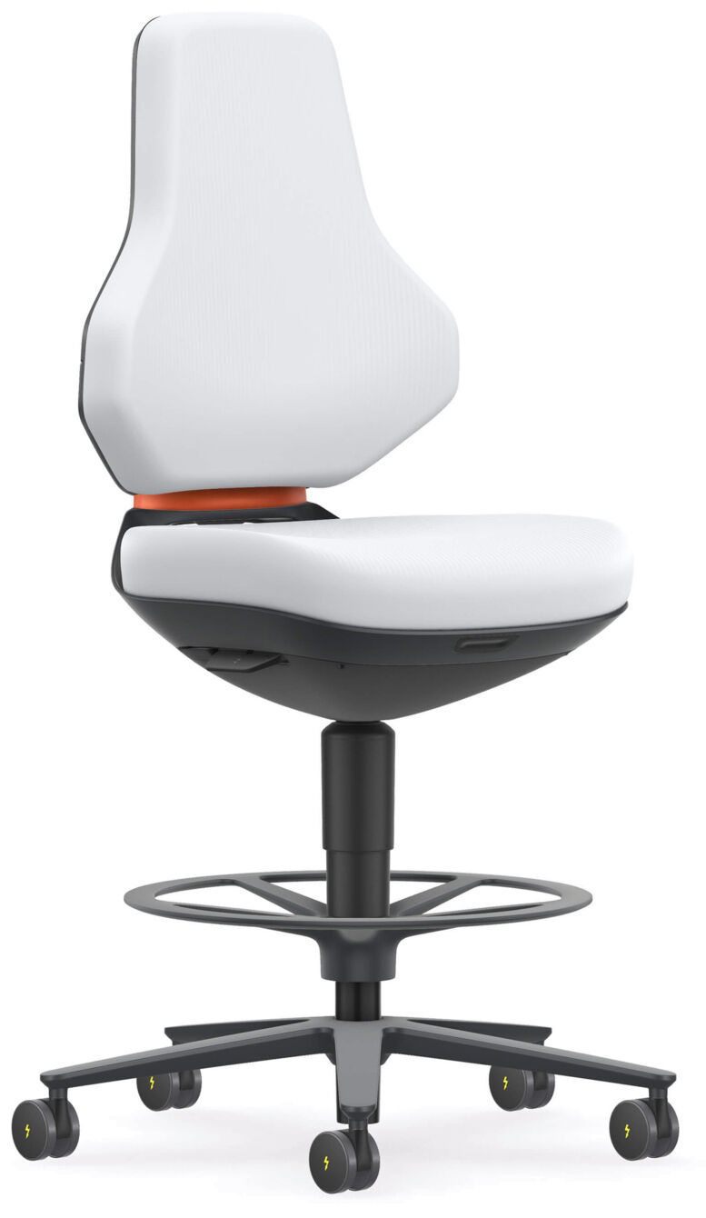 The chair has a high, ergonomic backrest and a wide seat. It is upholstered in white, has a black base with casters, and a foot ring for support.