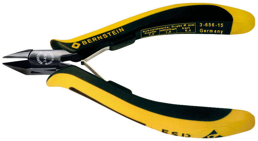 The image shows a yellow-black pliers with sharp edges, ideal for cutting wire. The handle is non-slip and ergonomically designed for comfortable use.