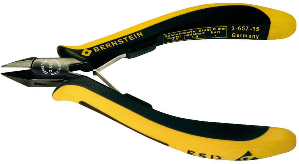 The image shows a pair of pliers with a metallic head and grippy, yellow rubber handles. The pliers have a pointed shape and are suitable for cutting.