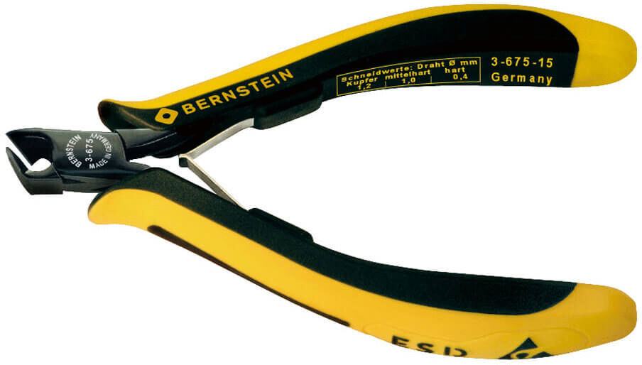 This is a pair of pliers with yellow rubber grips. The pliers have long, narrow jaws that are suitable for gripping and cutting. The manufacturer's name "Bernstein" and technical details are printed on the handle.