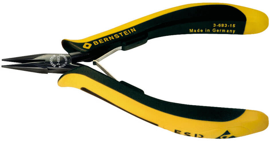 The image displays a sharp pair of pliers with black and yellow handles. The pliers feature a slim, precise tip and are manufactured by the Bernstein brand. They are ergonomically designed.