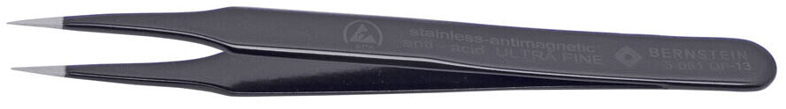 The image shows a black stainless steel tweezer. It has two pointed gripping arms that meet in the middle. The surface is smooth and appears sturdy.