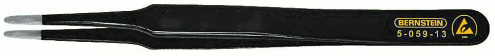 The image shows a black tweezer with narrow, pointed gripping surfaces. On the handle, there is a yellow logo and a numerical designation. The tweezer has a slender, elongated shape.