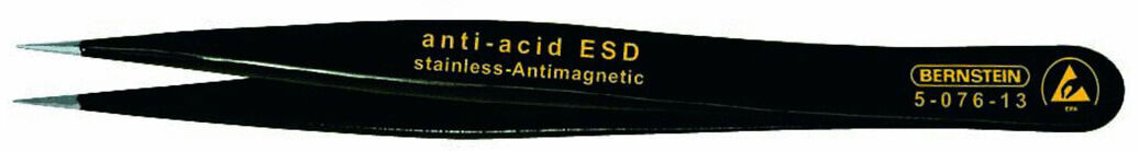 The image shows a black tweezer with a pointed end. It is made of stainless steel, anti-magnetic, and features the imprint "anti-acid ESD" as well as the logo and model number.